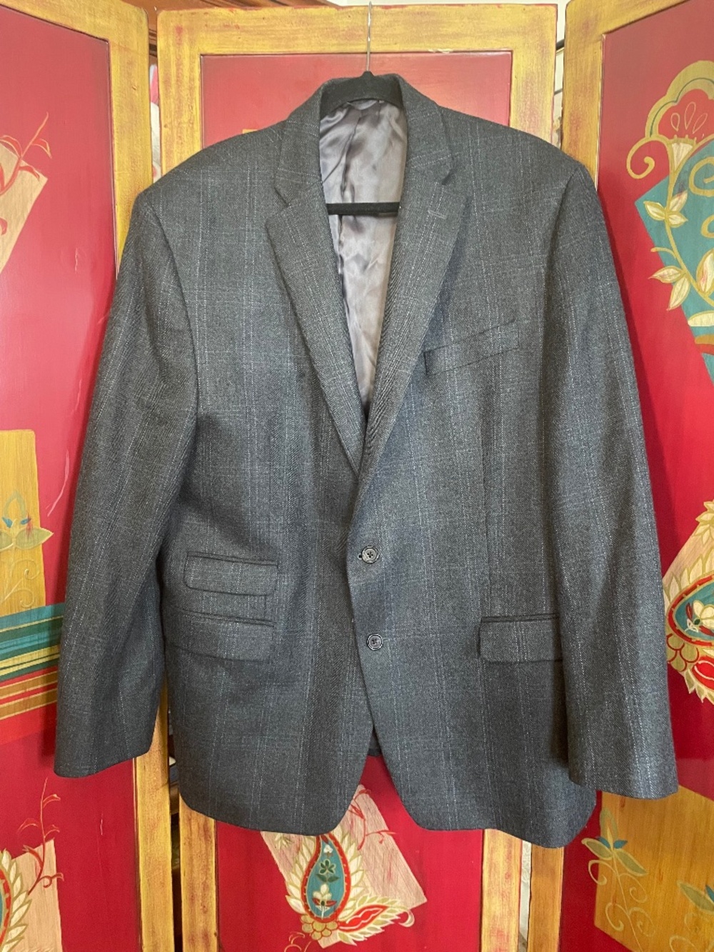 Lauren Ralph Lauren Sport Coat Mens 46R Grey Plaid Wool Blazer Elbow Patches